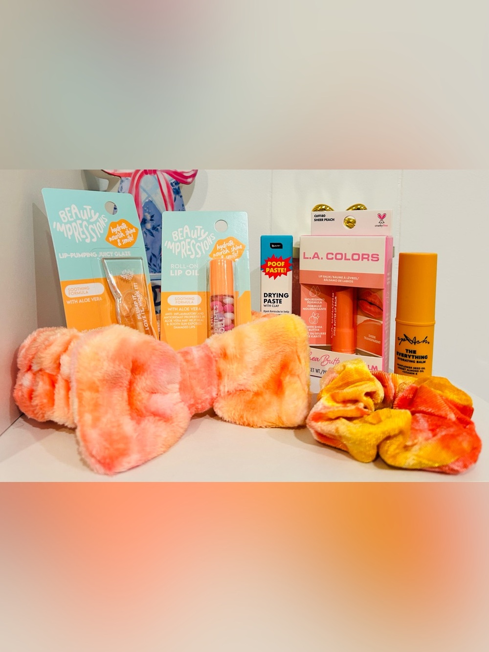 Beauty Bundle with Plush Tie-Dye Headband and Scrunchie in Orange Peach & Pink